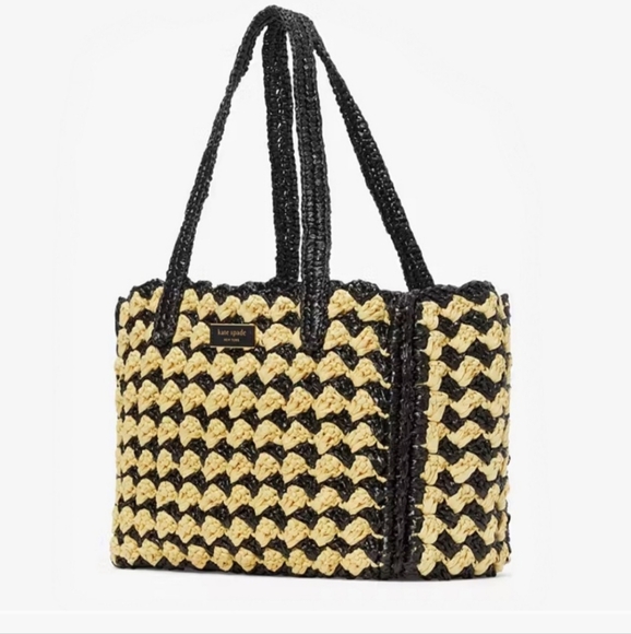 Kate Spade New York High Tide Striped Crochet Raffia Medium Tote Black and Light - Picture 3 of 6
